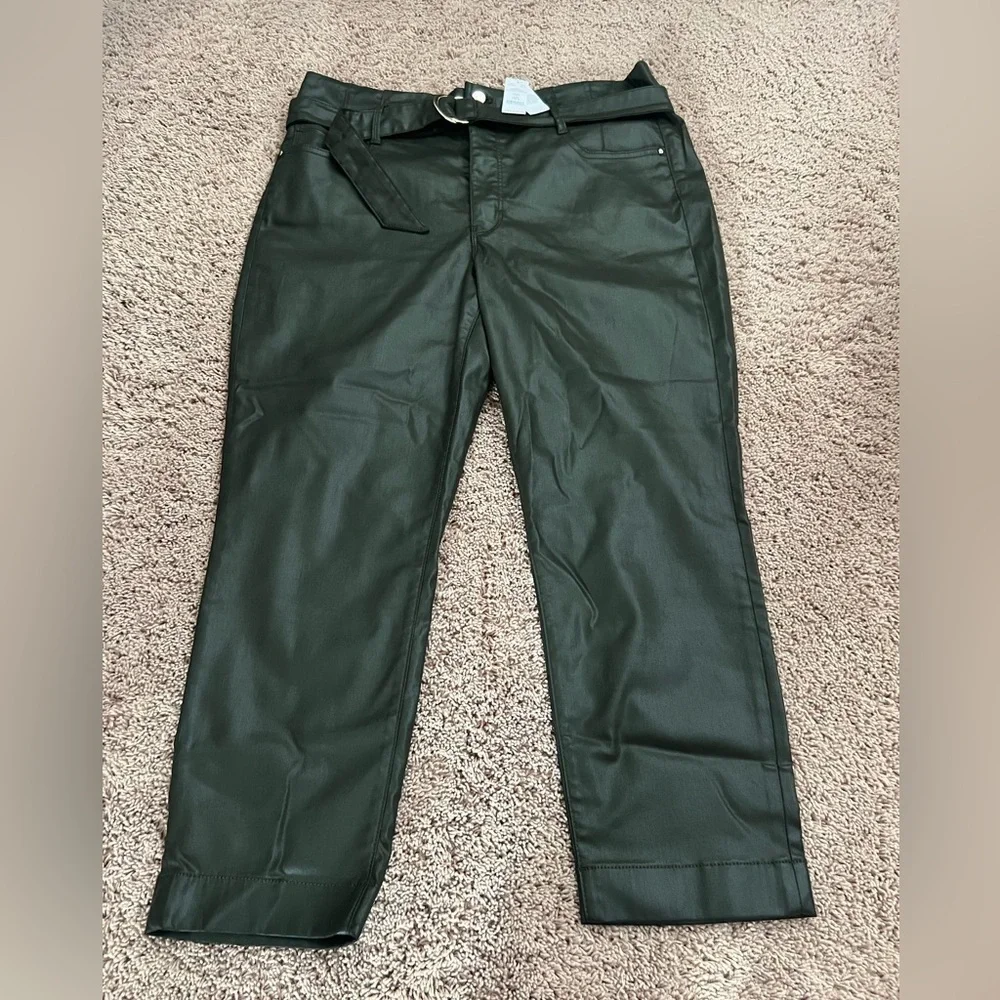 NWT New 14S 14 short Whbm coated denim jeans curvy fatigue green faux leather